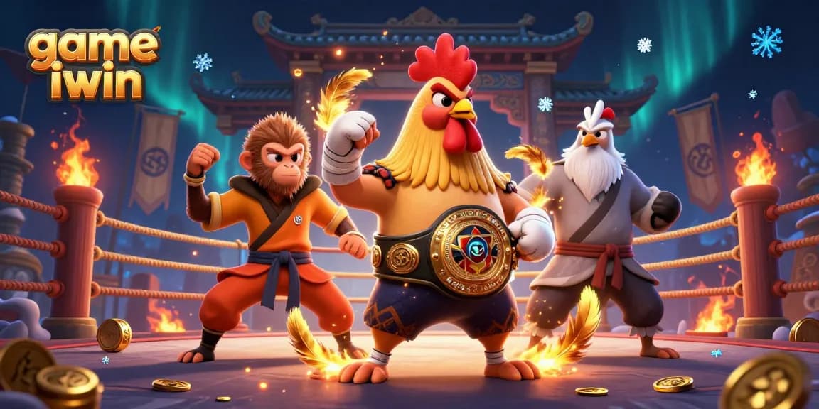 Engage in the thrilling game iwin with a fierce Muay Thai rooster and martial artists amidst vibrant gambling elements.