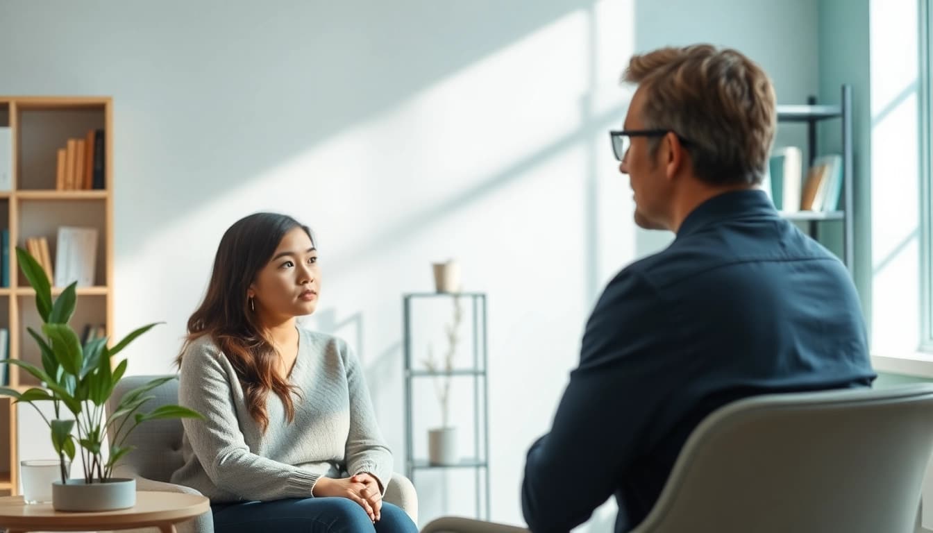 Mental health professional explaining depression symptoms to patient in a calming setting.