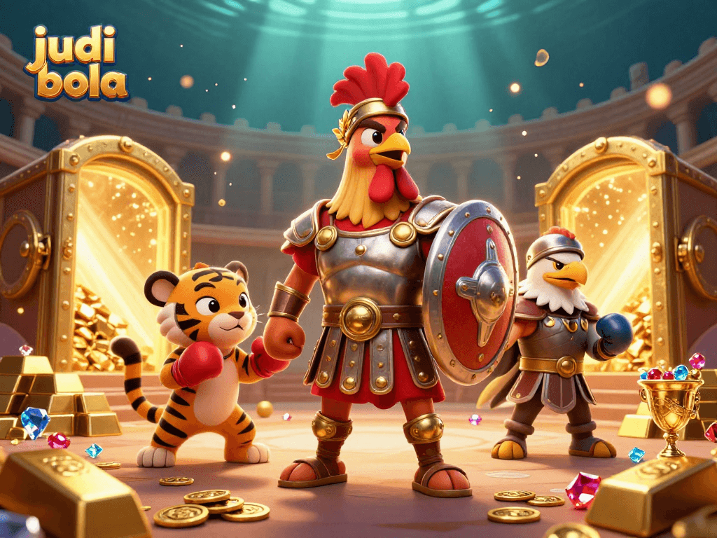 Experience the thrill of judi bola in this vibrant 3D illustration featuring a rooster gladiator.