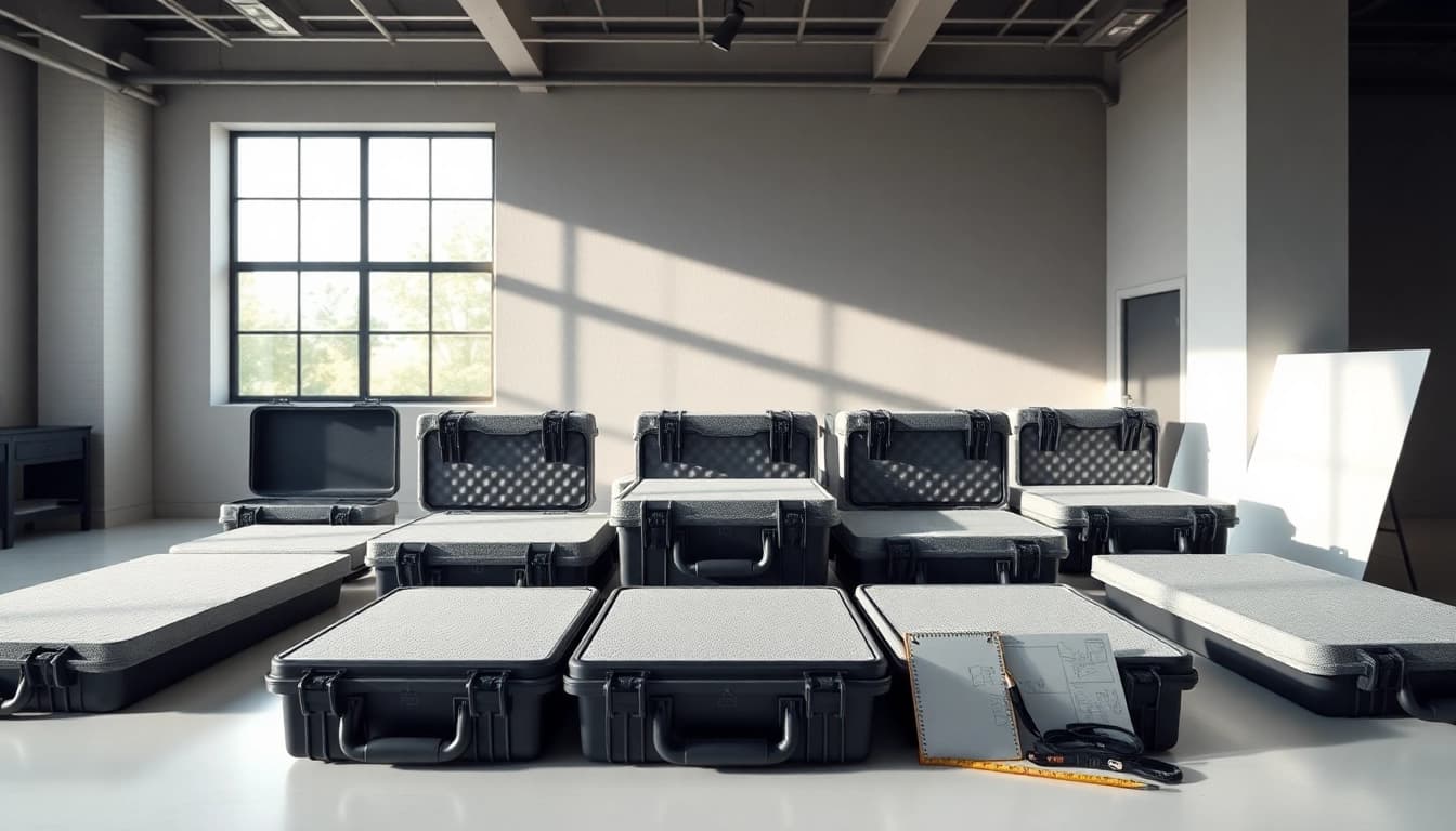 Showcasing protective foam Pelican Cases arranged with precision, illustrating customization options for gear protection.