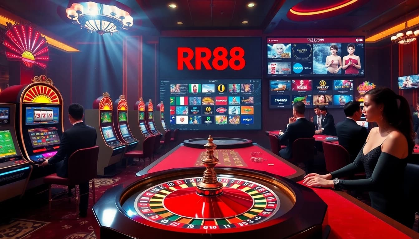 Experience excitement with RR88's dynamic casino scene featuring roulette and slot machines.