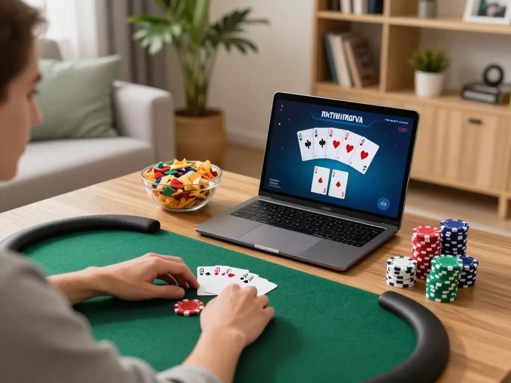 Pemain terbenam dalam permainan poker online dengan catatan strategi di lingkungan rumah yang nyaman.