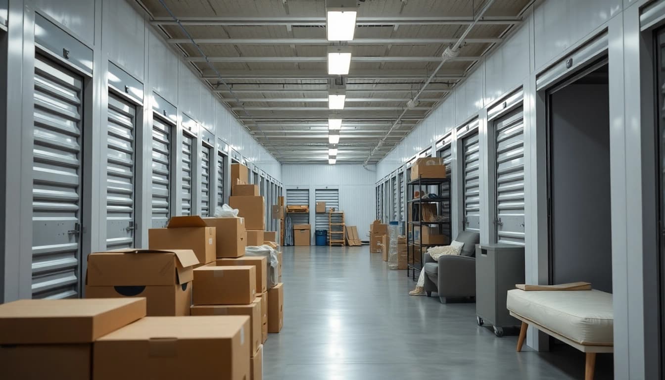 Organized self storage units featuring boxes and furniture in a bright, professional setting.