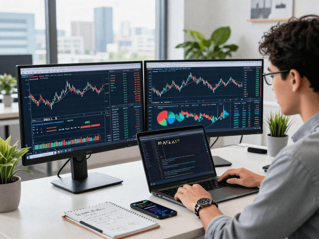 Trader using metatrader 5 on dual monitors within a modern office setup, analyzing live market data and automated strategies.