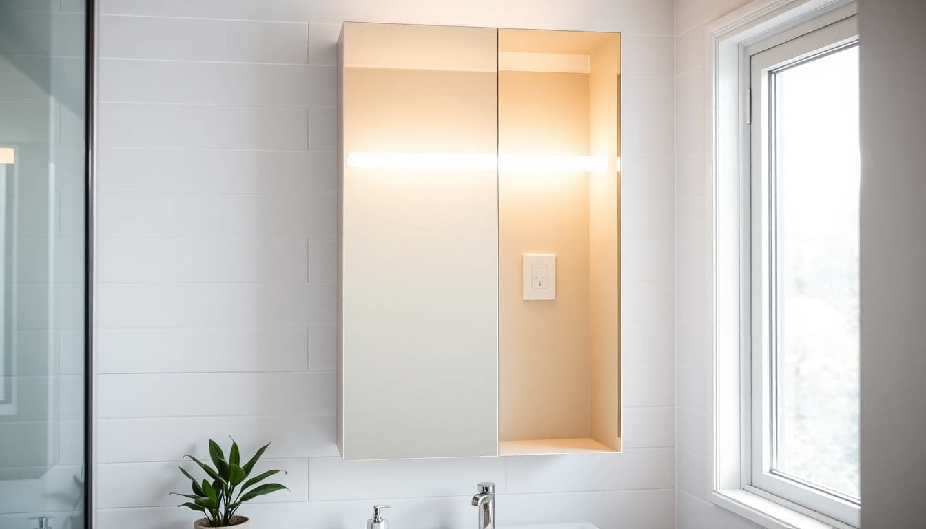 Praktischer spiegelschrank mit led Beleuchtung im modernen Badezimmerdesign.