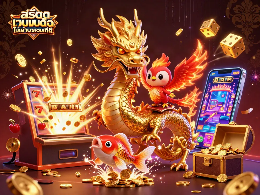 สัมผัสกับสล็อตเว็บตรงไม่ผ่านเอเย่นต์ไม่มีขั้นต่ํา โดยภาพวาด 3D ของมังกรทองและนกฟีนิกซ์