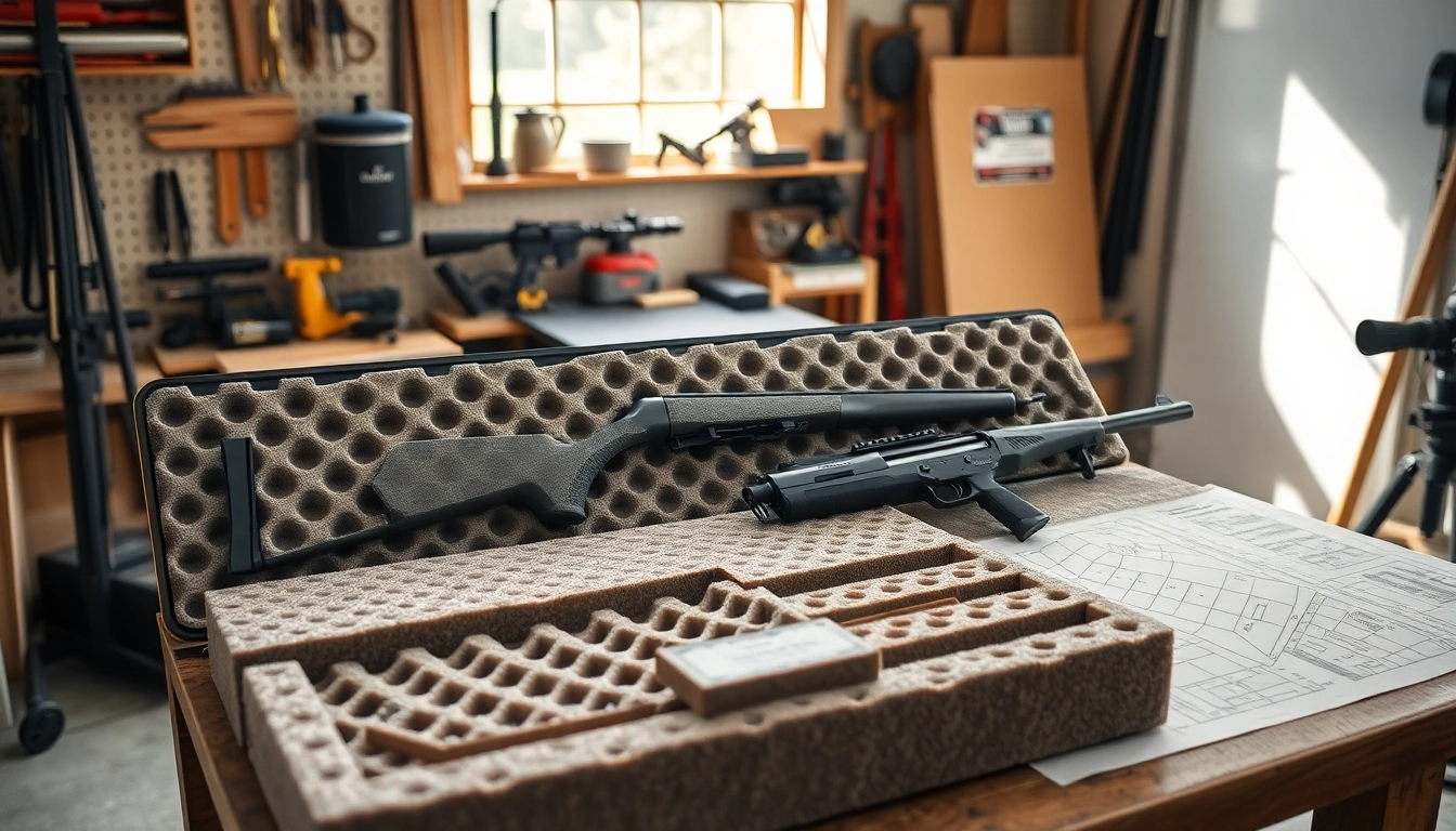 View of foam for rifle case in a creative workshop, highlighting its detailed texture and design.