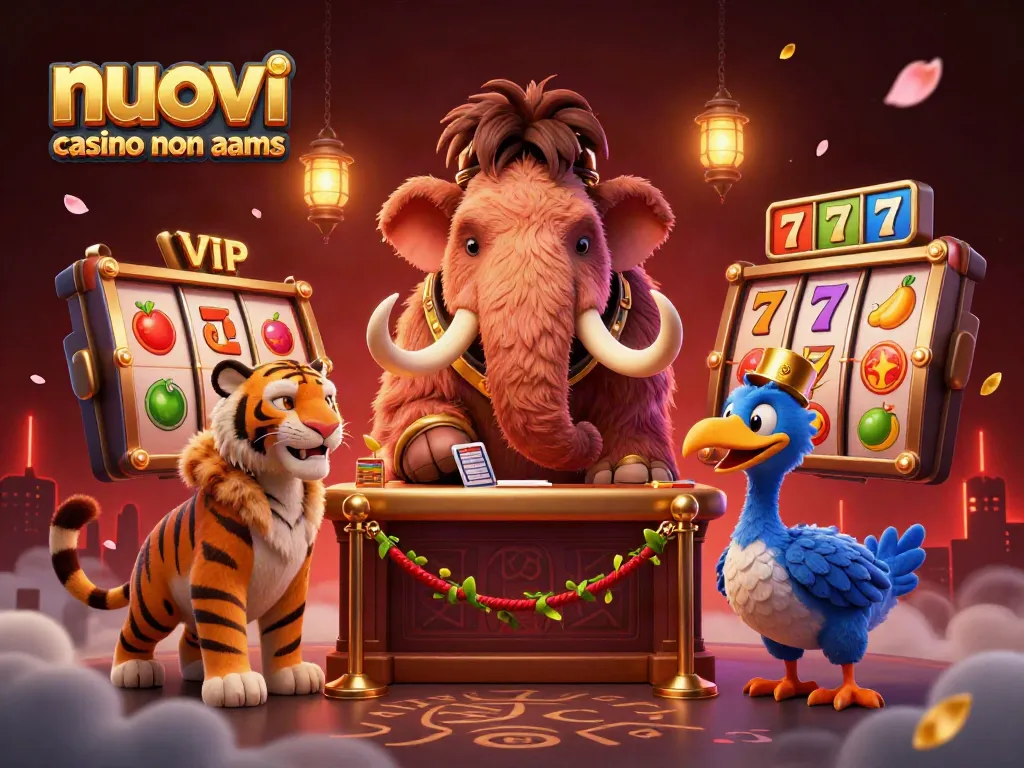 Nuovi casino non AAMS: scena dinamica con mammut, tigre e dodo al portone del casinò.