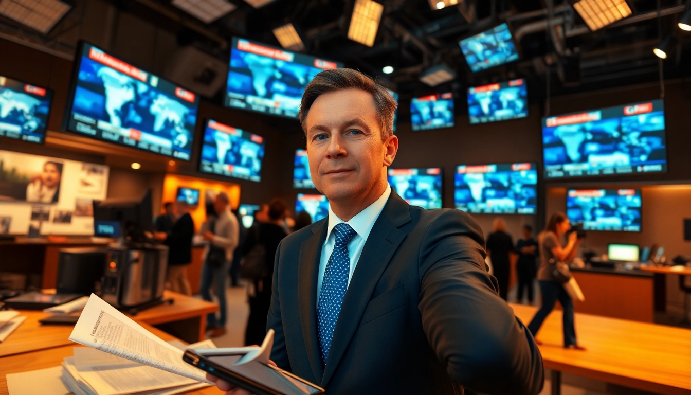 Engaging news reporter captures breaking news in a vibrant city newsroom setting.