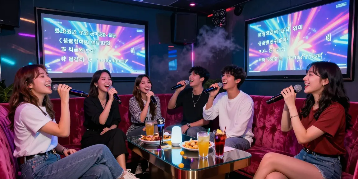 Friends enjoying 강남가라오케 in a vibrant karaoke lounge with drinks and smiles.