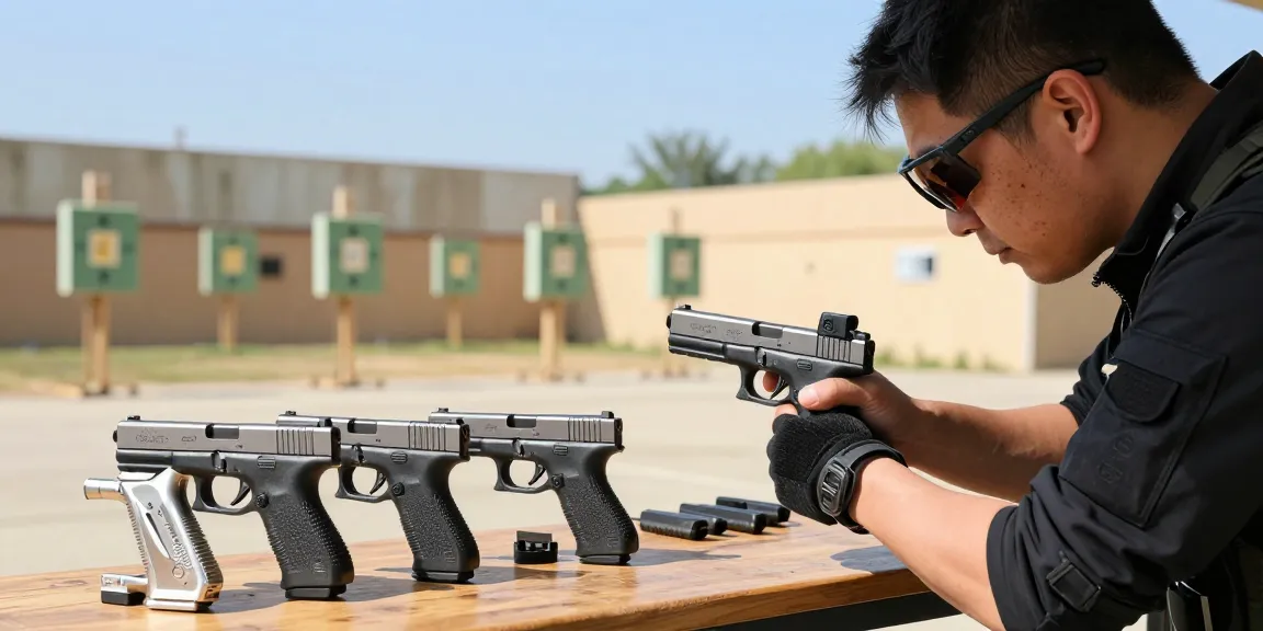 Precision Glock slides displayed at a shooting range while a tactical enthusiast fine-tunes their Glock at https://precisionglockslides.com, showcasing accuracy and performance upgrades.