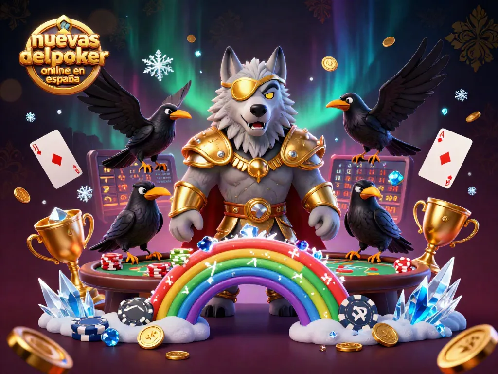 Ilustración 3D de nuevas salas de póker online en España con elementos de juego dinámicos y personajes mitológicos
