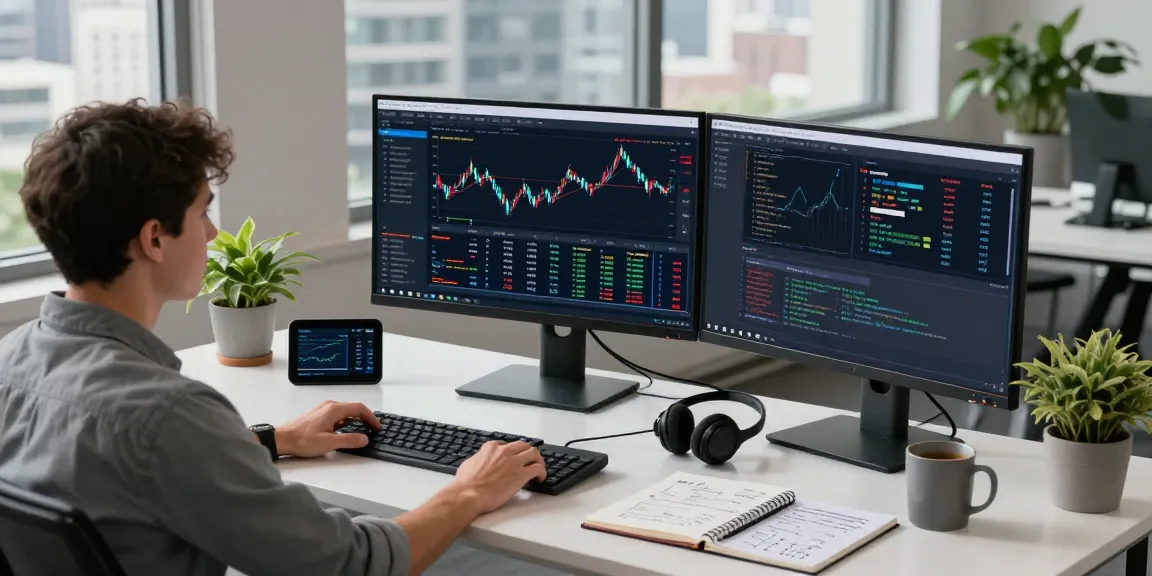 Engaging workspace showing Nasdaq index data feed analytics on monitors, reflecting modern finance development.