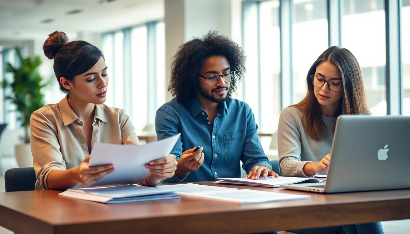 TOEFL test takers for hire collaborating in a modern office, analyzing test prep materials.