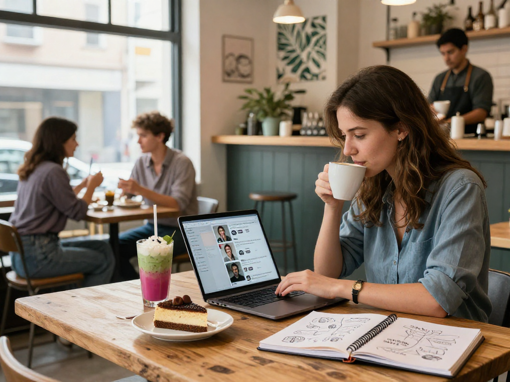 A young woman crushes on potential matches while enjoying coffee in a cozy café.
