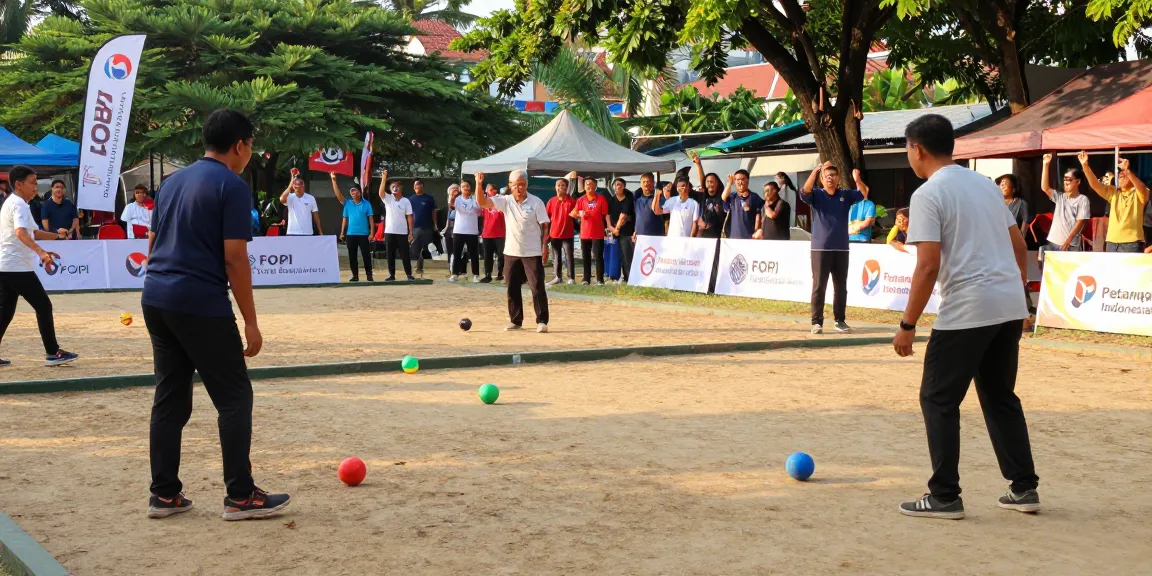 Kompetisi petanque di fopikotabanjarba.org dengan pemain beragam di lapangan terbuka.