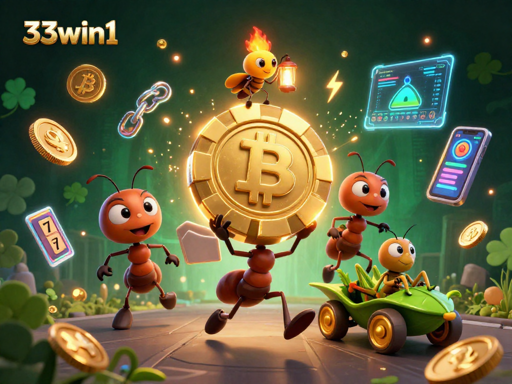 Experience the excitement of 33win1 as animated ants heist a giant poker chip amidst crypto coins.