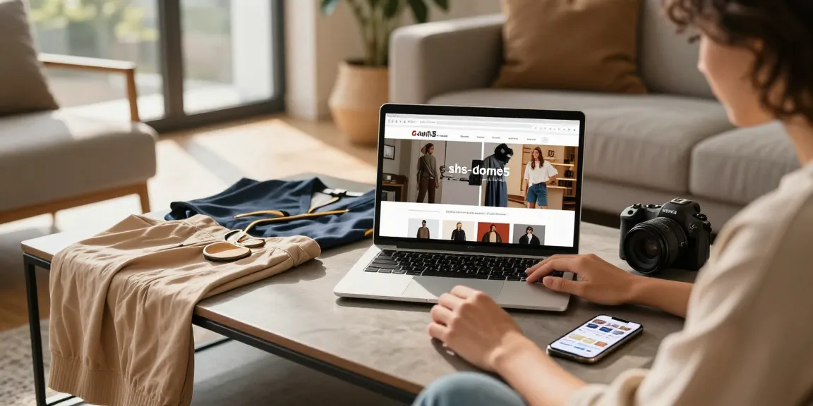Stylish individual browsing shs-dome5.com on laptop surrounded by trendy fashion items in a cozy living room.