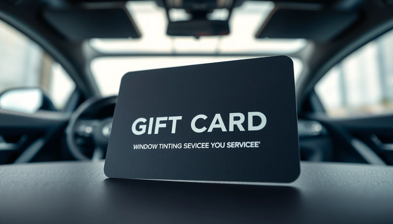 Gift card for window tint gift card offering vehicle enhancement, designed elegantly in a modern setting.