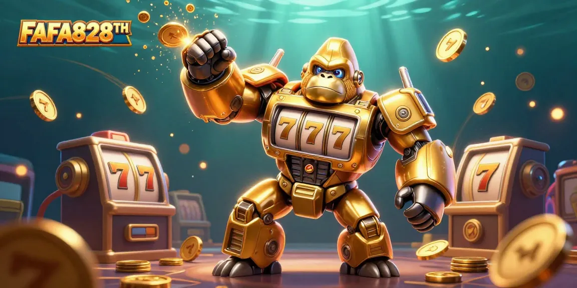 Experience casino excitement with FAFA828TH's golden gorilla mech and vibrant slot game elements bursting with energy.