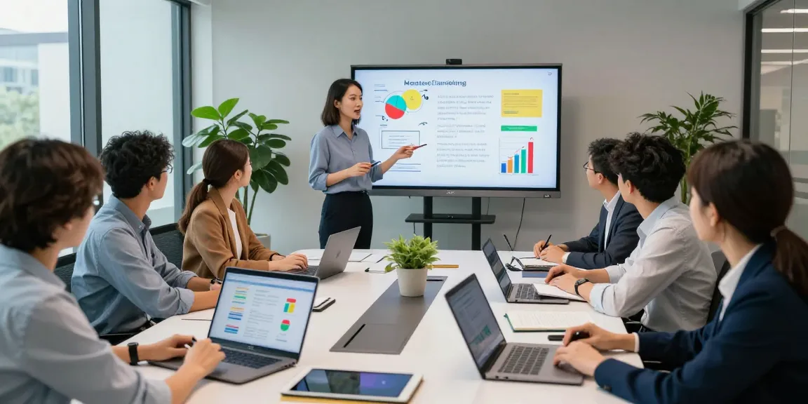 Engaging marketing course for small businesses taught in a modern office setting.