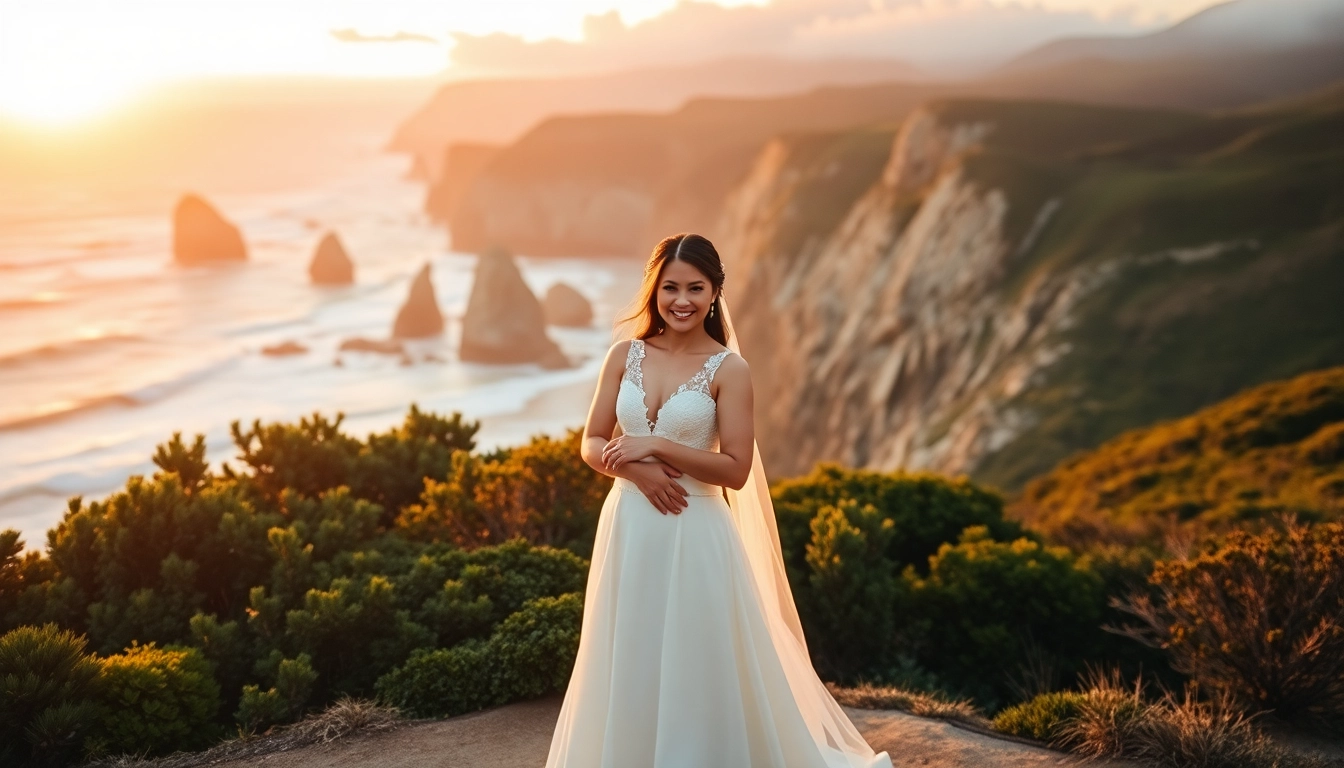 Captivating Big Sur wedding photography of a couple at sunset near cliffs and ocean waves.
