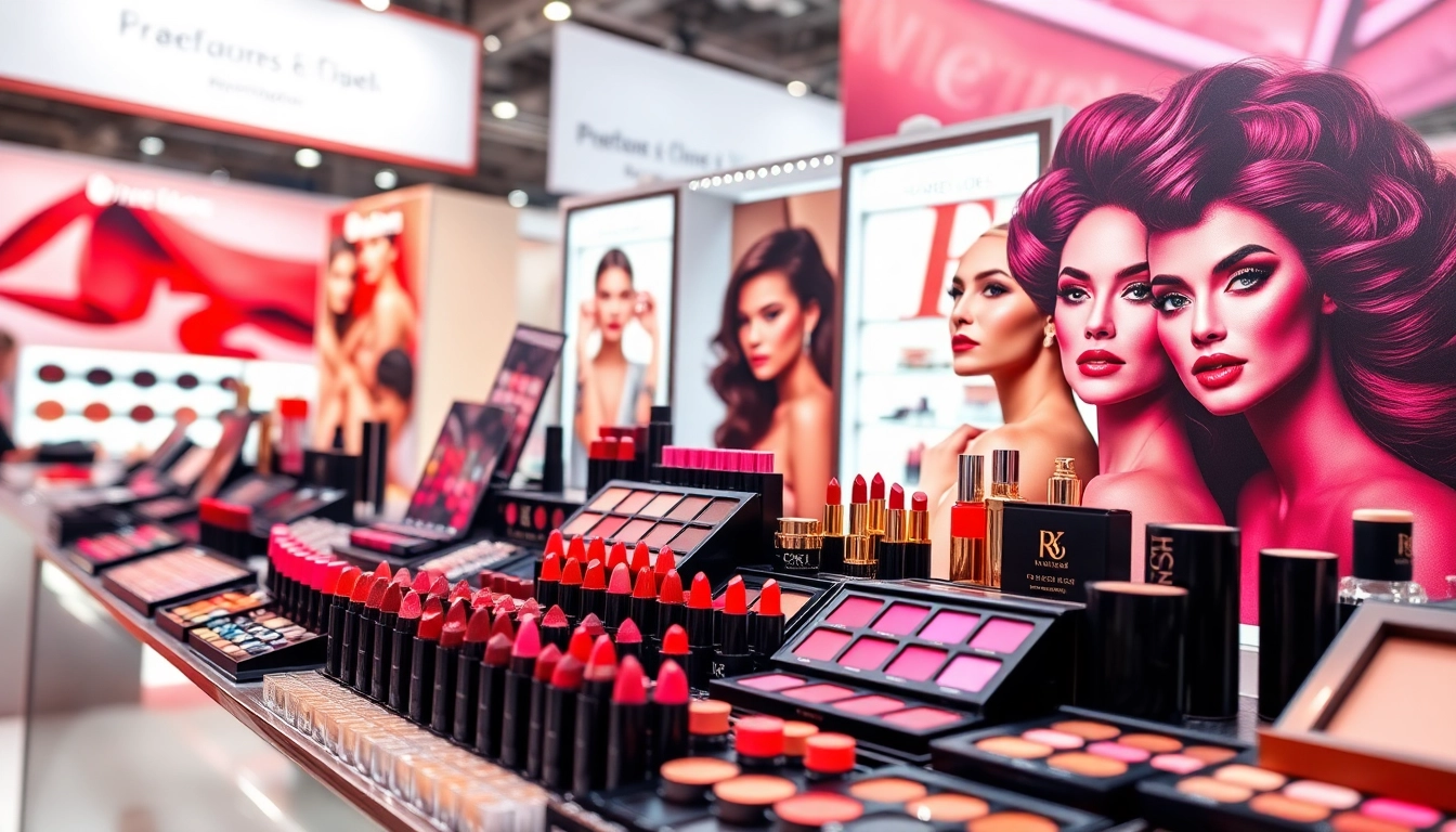 Showcasing products from wholesale makeup suppliers at a trade show booth, with vibrant displays.