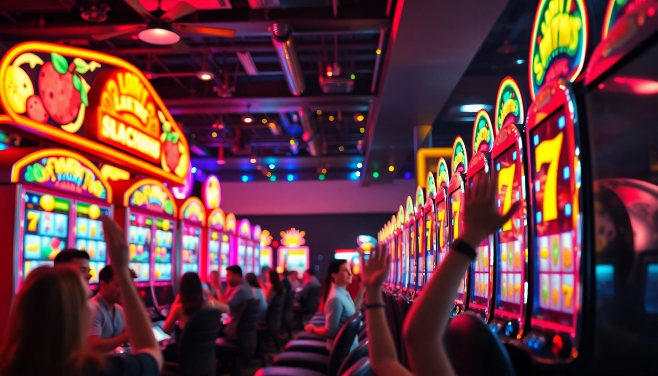 Slot77 permainan mesin slot yang penuh warna dan suasana kasino yang ramai.