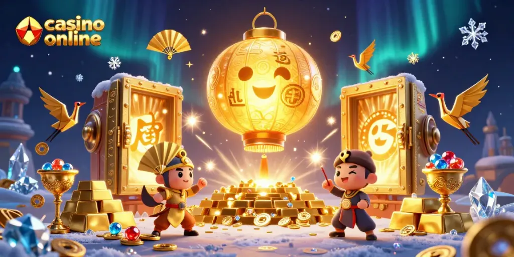 Disfruta de juegos de casino online con un brillo dorado y símbolos de buena suerte.