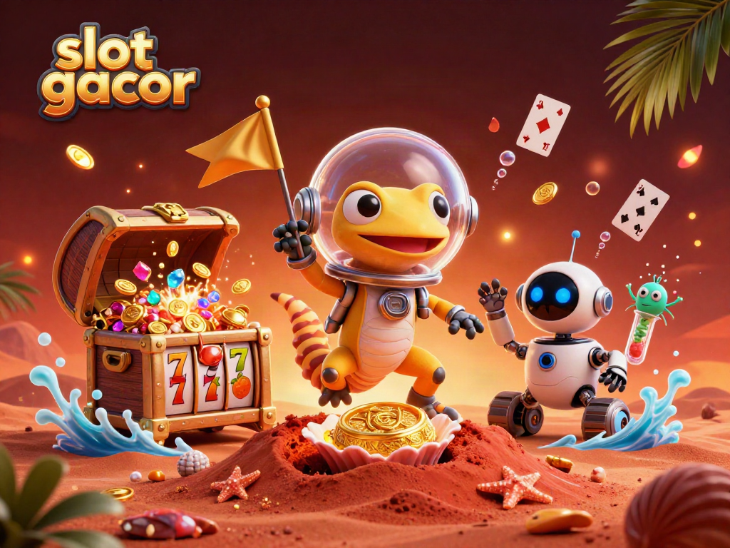 Engage with slot gacor mechanics in a vibrant 3D Martian casino scene with lively alien elements.
