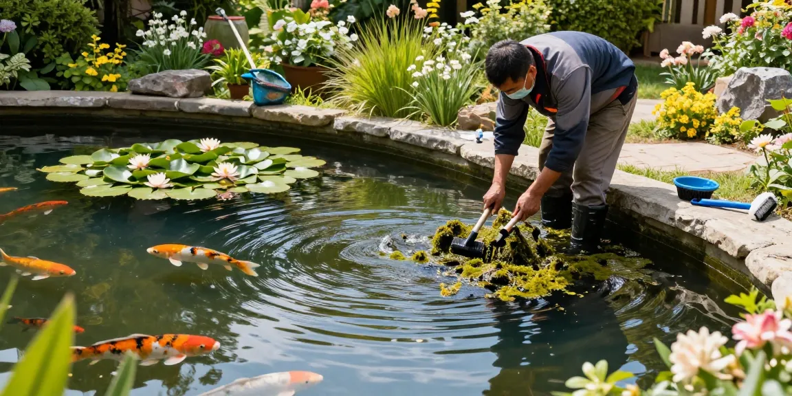 Pond Cleaning Kent expert removing algae from a beautiful garden pond with koi fish.