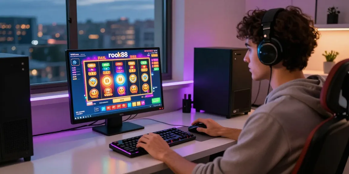 Engaged player immersed in rokok88 slot game on a laptop with vibrant graphics and gaming accessories.