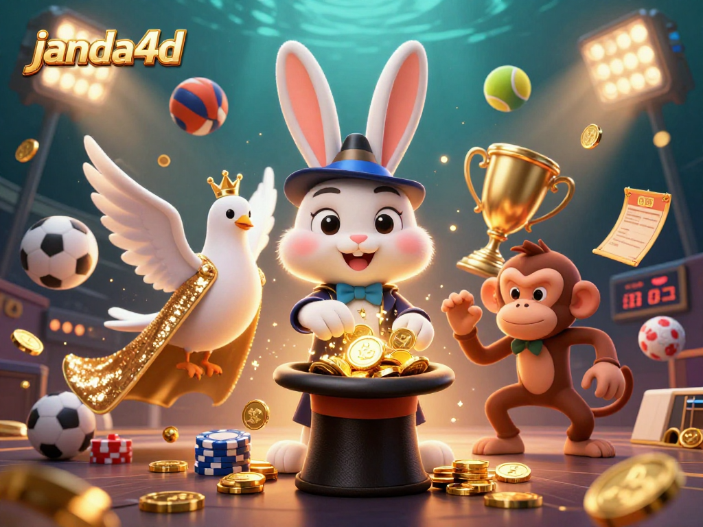 janda4d menghadirkan ilustrasi 3D pelawak magis dengan koin emas, dikelilingi bola olahraga dan elemen taruhan yang dinamis.