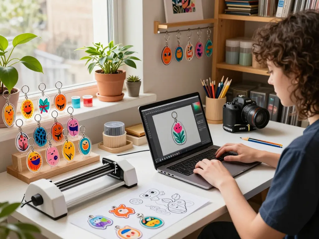 Creative workspace showcasing an acrylic keychain manufacturer designing vibrant keychains with colorful patterns.