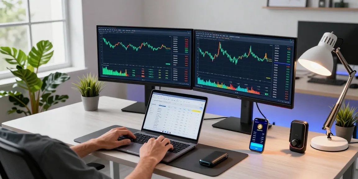 Crypto mining service workspace showing live Bitcoin and Ethereum mining metrics with high-tech equipment and organized setup.