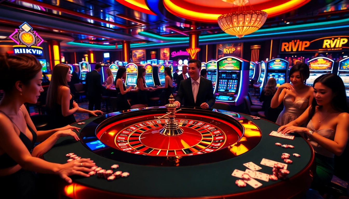 Gamblers enjoying a luxurious RIKVIP-themed casino experience with roulette and card games.
