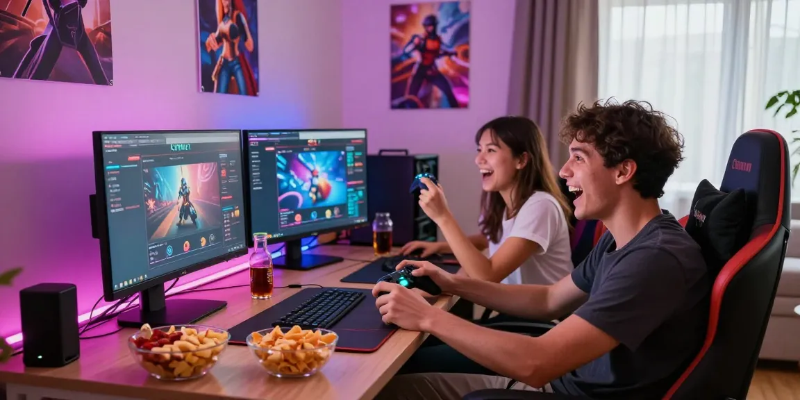 Couple enjoying html porn games in a cozy gaming setup with vibrant decor.