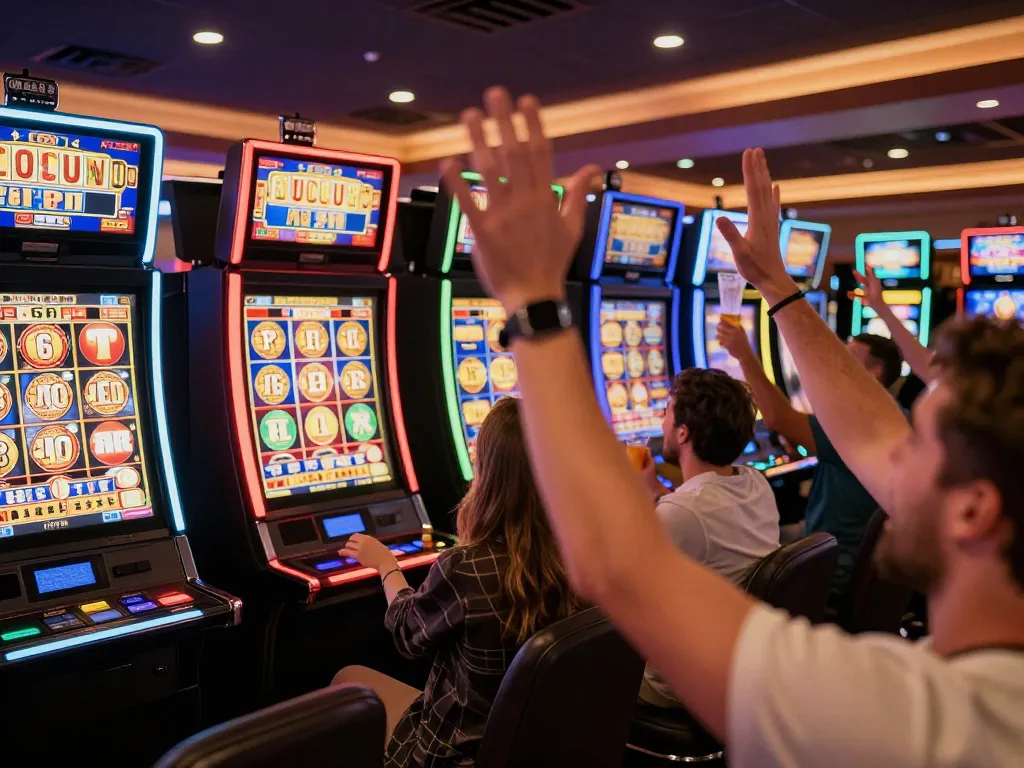 Player celebrating jackpot win on a casino slot machine, showcasing the excitement of sunwinapk gaming.