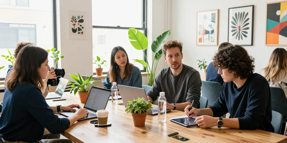 Self-employed professionals collaborating in a vibrant co-working space.