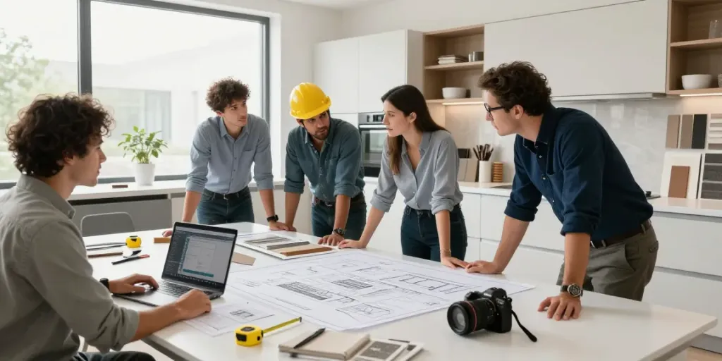 Interior fit out contractor team collaborating on a kitchen design project with blueprints and materials.