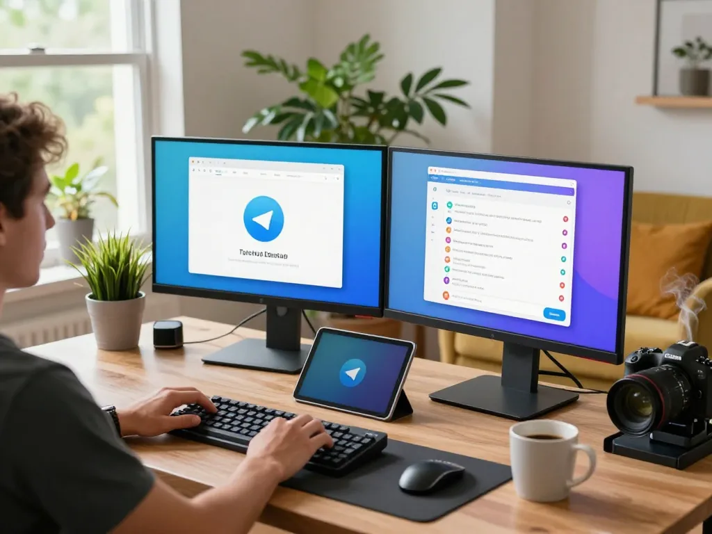 User engaging with Telegram 电脑版 on a stylish desk setup, showcasing productivity and communication.