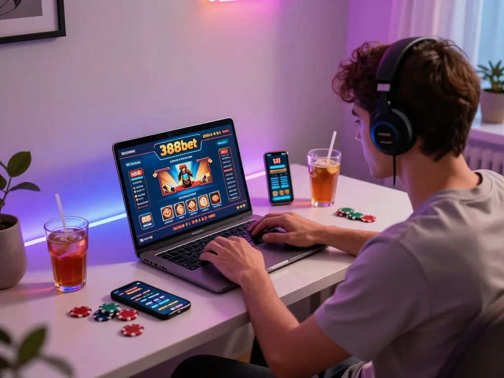 Engaging online gaming moment at 388bet with laptop and betting paraphernalia visible.
