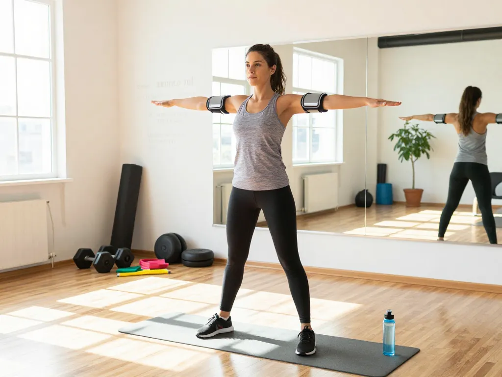 Active woman using the best double shoulder support brace during workout in a vibrant fitness studio.