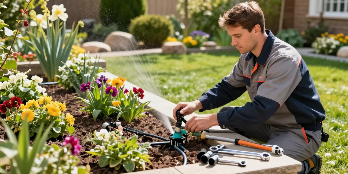 Professional Irrigation Services in Springtown, TX technician adjusting a modern drip system in a vibrant garden.