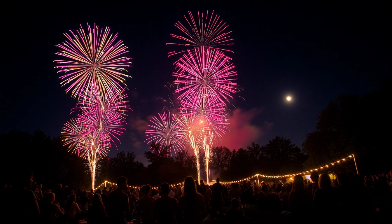 Watch beautiful cheap fireworks near me lighting up the night sky in a festive gathering.