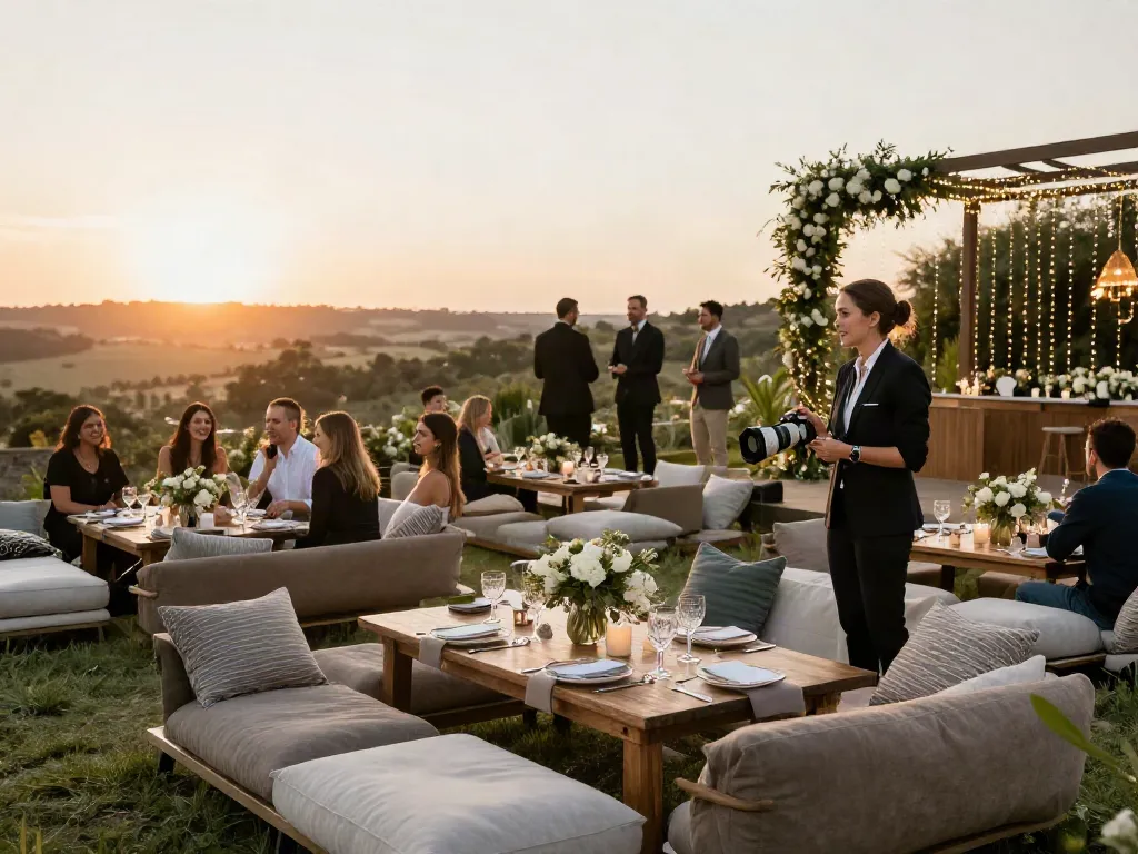 Event furniture rental showcasing elegant outdoor lounge setup for a wedding.
