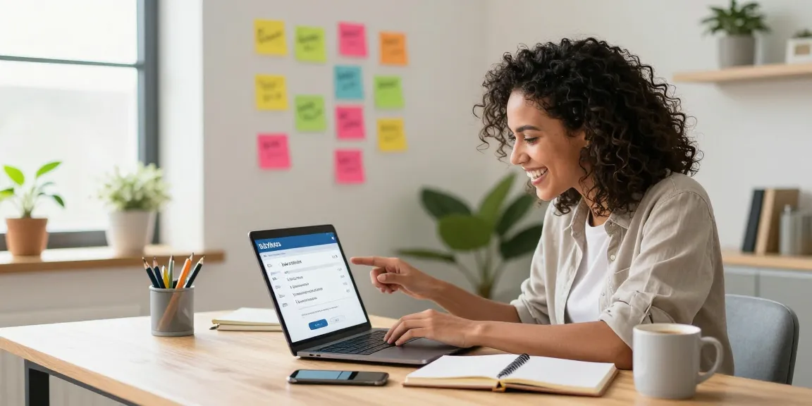 Job seeker energized by job alerts on laptop in a bright home office.
