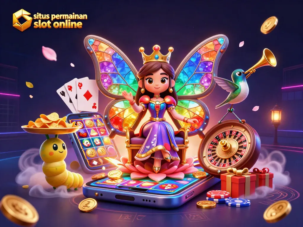 Menghadirkan situs permainan slot online, ratu kupu-kupu 3D dengan sayap kaca berwarna, memeriahkan momen permainan slot dengan karakter menarik dan elemen kasino.