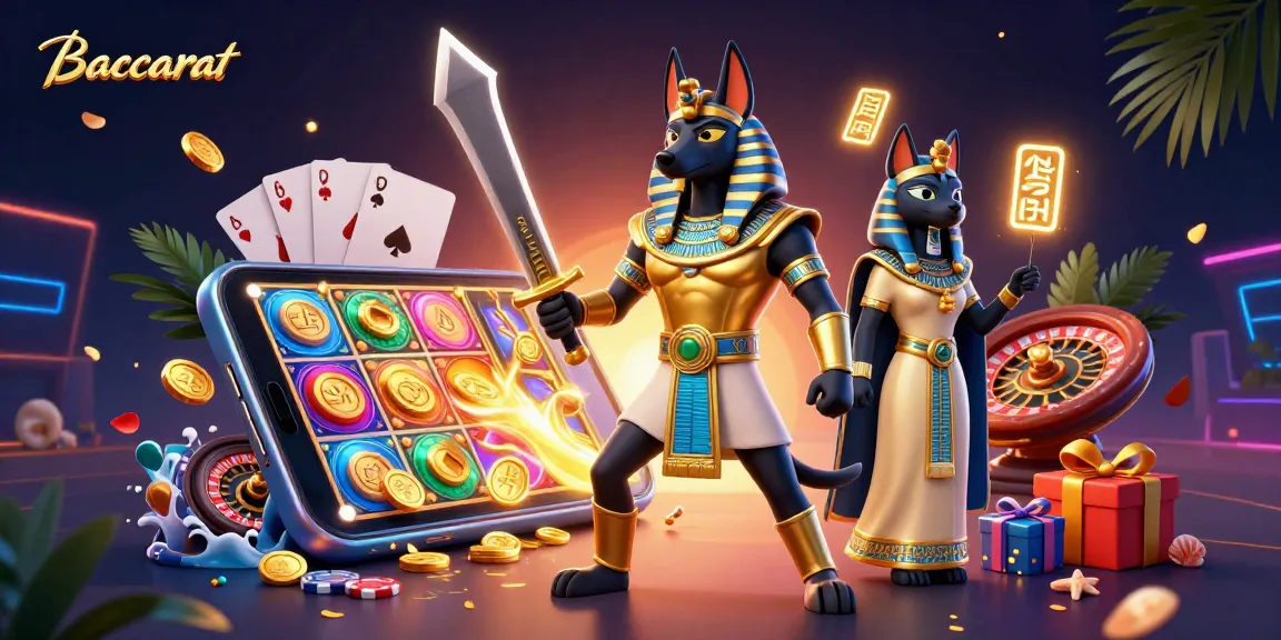 Baccarat warriors engage in a dynamic online gaming scene with ancient Egyptian themes, showcasing vibrant casino elements.