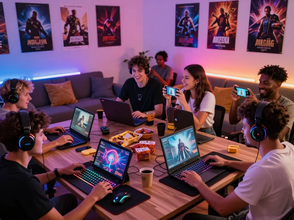 Players enjoying porno games on various devices in a cozy gaming setup.